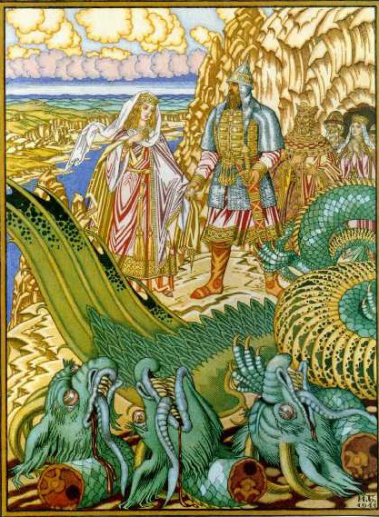 Dobrynya Nikitich rescues Zabava from the dragon Gorynych